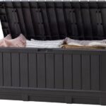 Keter Kentwood 92 Gallon Resin Deck Box-Organization and Storage for Patio Furniture Outdoor Cushions, Throw Pillows, Garden Tools and Pool Floats, Dark Grey