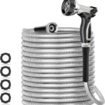 SPECILITE 200ft 304 Stainless Steel Garden Hose Metal, Heavy Duty Water Pipe with Nozzles for Yard, Outdoor – Flexible, Never Kink & Tangle, Puncture Resistant (Sliver)
