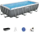 Bestway Power Steel 18′ x 9′ x 48″ Rectangular Metal Frame Above Ground Outdoor Swimming Pool Set with 1,500 GPH Filter Pump, Ladder, and Pool Covers